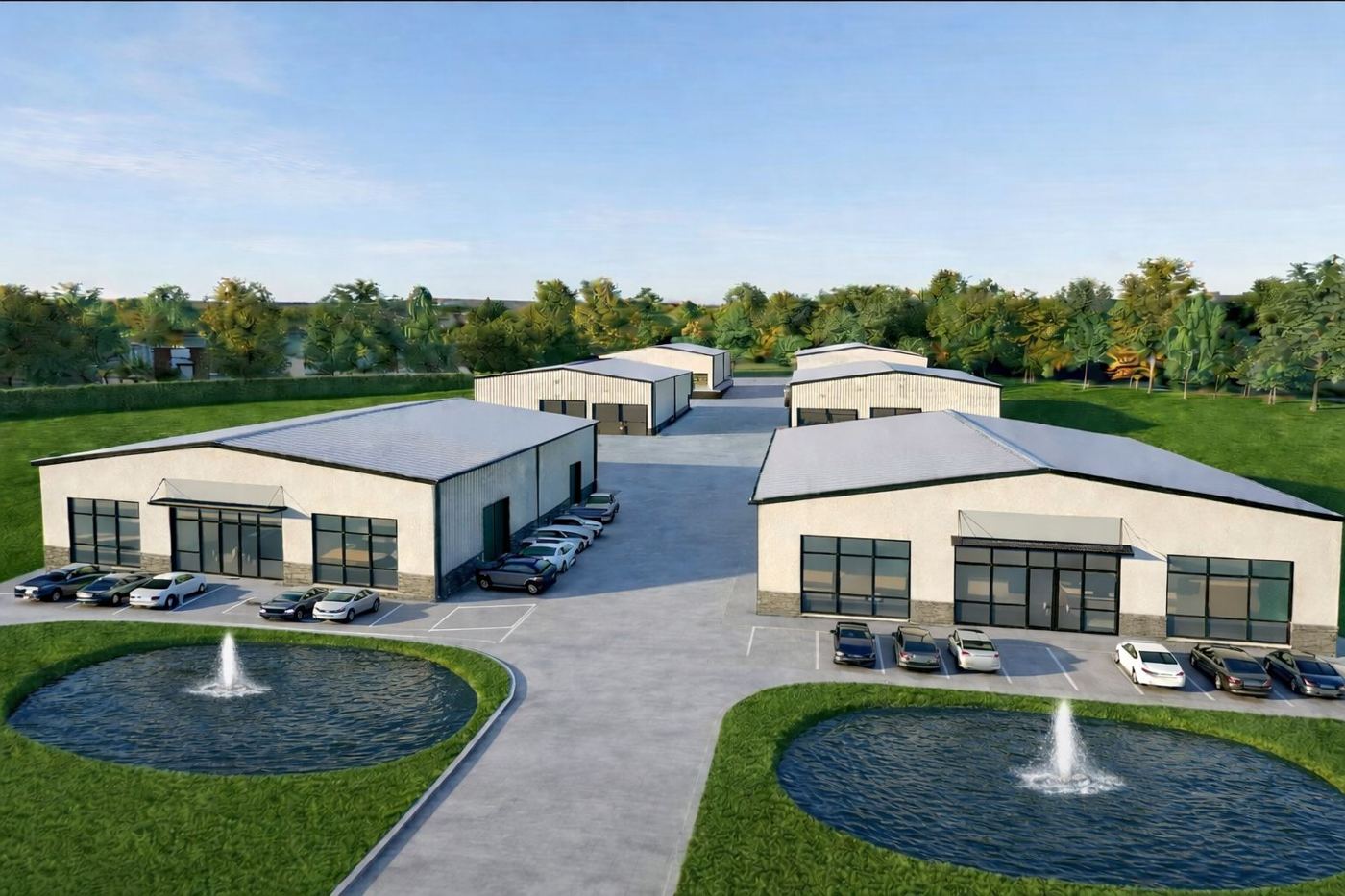 Rendering of the Hidden Lake campus: single-story steel buildings around a central drive, with two fountain ponds at the entrance