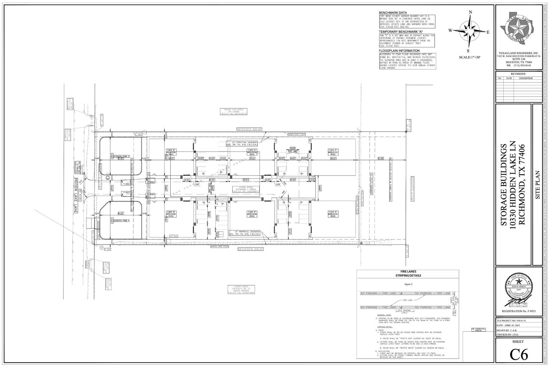 Site plan, sheet C6, showing six warehouse buildings in two rows off Hidden Lake Lane, with two detention ponds at the entrance